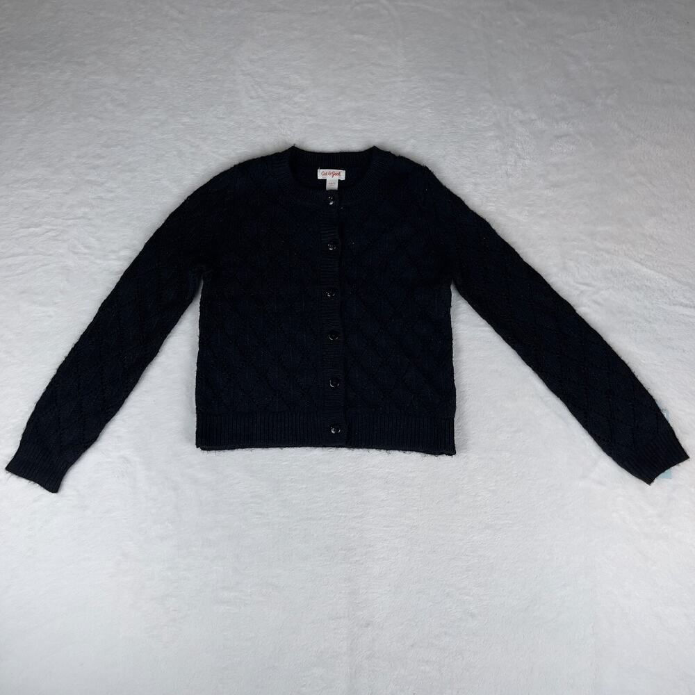 Cat & Jack Pointelle Cardigan Sweater Girls Small Black Knitted Button-Front - Picture 2 of 4